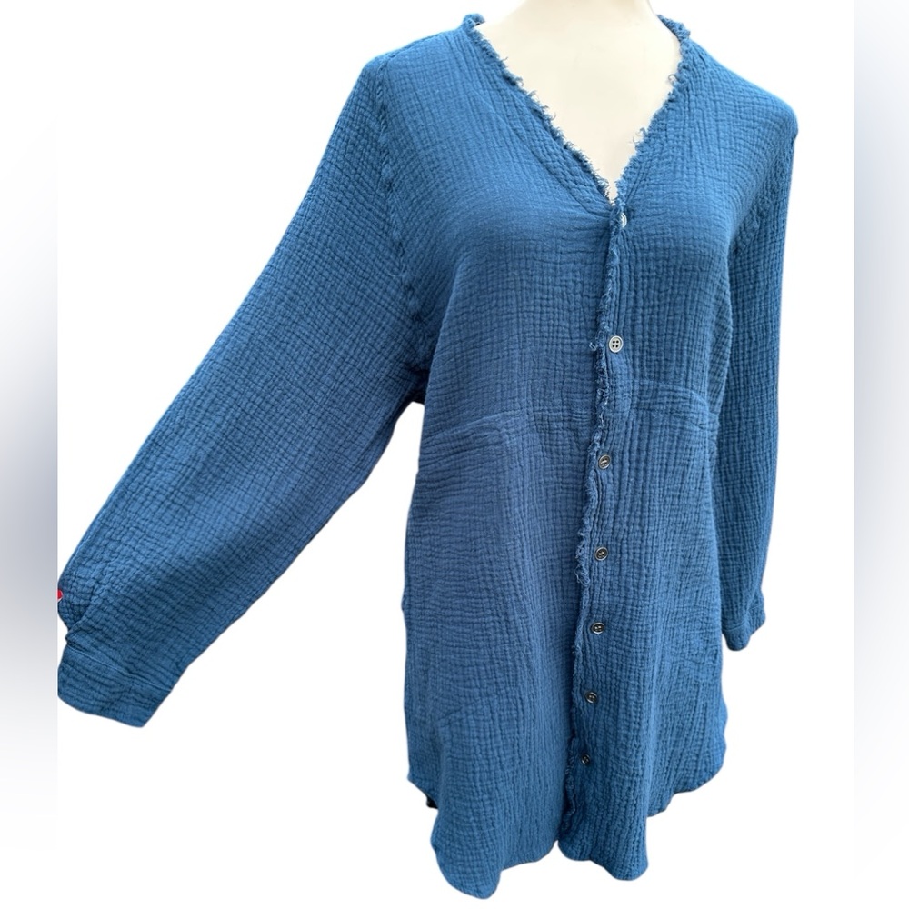 Textured Cotton Button Down Tunic Top Size Medium